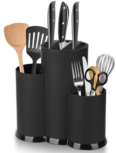 KOMABLEN 3 in 1 Messerblock Ohne Messer Schwarz, Universal Runder Messerhalter mit Schlitzen und Multifunktional Aufbewahrung Ständer, Plastik Knife Holder Besteckhalter für alle Küchenmesser geeignet