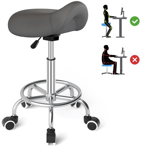 Sattelhocker Ergonomisch - Bequemer Sattelstuhl mit einem breiten Sattelsitzkissen, drehbarer, verstellbarer Sattelhocker mit Rollen und Ringpedal für Medizin,Massage, Salon,Büro und Zuhause (Grau)