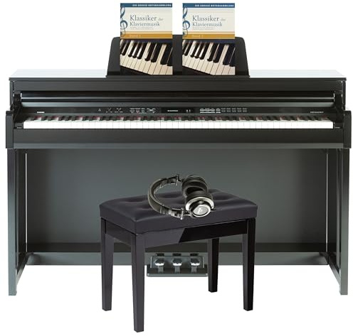 Fame DP 8600 BT PE V2 Complete Set, Digitalpiano in Hochglänzend Schwarz, 88 Tasten mit Hammermechanik, 181 Sounds, 50 Styles, inklusive Studio Kopfhörer und Klavierbank