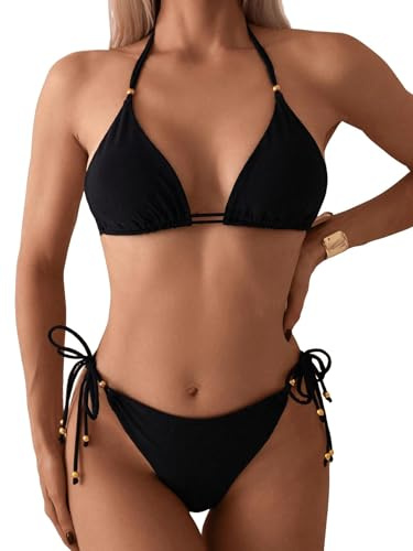 GORGLITTER Damen Bikini Set Neckholder Bikini-Sets Einfarbig Zweiteiliger Swimsuits Strand Lässig Badeanzug Triangle Bikini Bademode Schwarz M