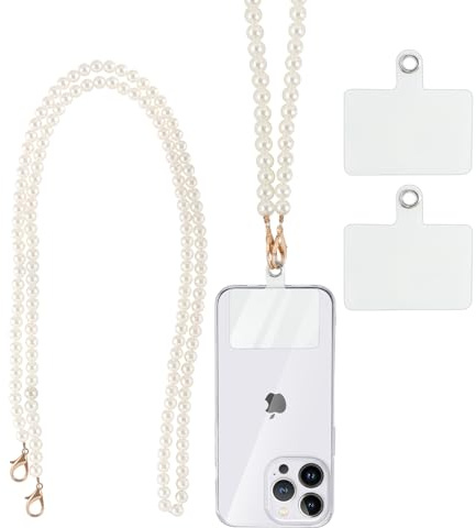 Coiwxmoi Tour de Cou Telephone Portable Universelle Cordon avec 2 Patchs, breloque pour Bracelet, chaîne de téléphone Portable avec Perles, Compatibles avec Plupart des Smartphones,Perle Blanc