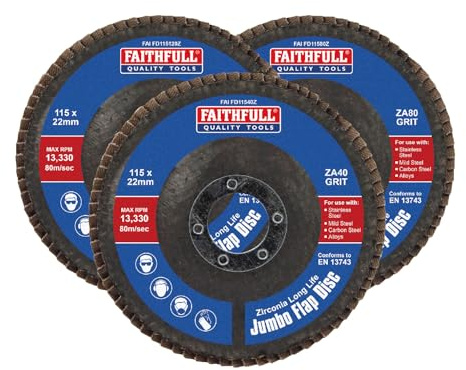 Faithfull FAIFD115ZM3 115mm Flap Disc Zirconium Set - 40/80/120 Mix Grit, Abrasive Angle Grinder Discs for Sanding Metal, Wood, Plastic – 3PCS