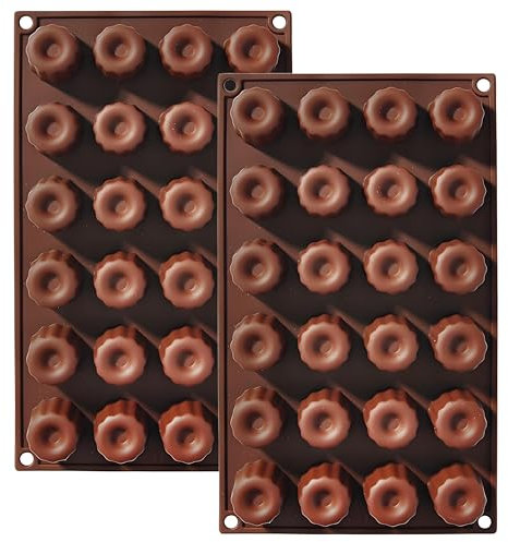 2-Pack Silicone Mini Fluted Tube Cake Pan, 24-Cup Baking Tray Molds for Donuts Chocolate Jelly Pudding, 11.5 x 6.9 x 1.2 inches, Brown