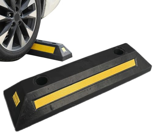 Radstopper 48x13x8cm, Einparkhilfe aus Gummi, Parkplatzbegrenzer, Parkplatzbegrenzung, Parkbordstein mit Gelben Reflexionsstreifen, Parkplatzsperre Garage, Parkziel Führungsblock für Auto, S UV, LKW