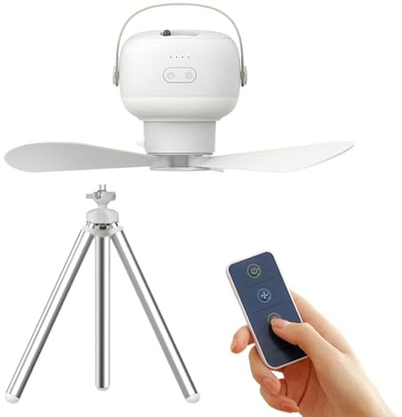 Generisch Ventilateur de plafond portable avec télécommande, ventilateur de plafond d'extérieur avec lumière et batterie rechargeable 7200 mAh Accessoire de survie pour chambre à coucher, pavillon de