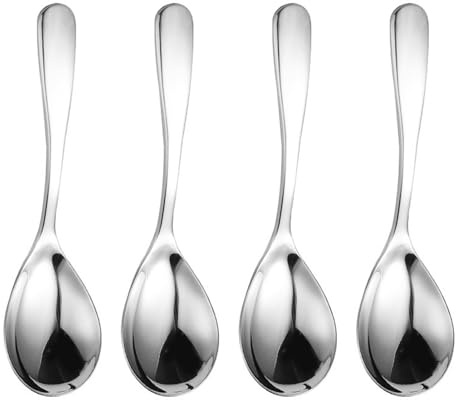 Lot de 4 cuillères rondes épaisses en acier inoxydable à manche court et épais - Ustensiles de cuisine pour la soupe - Cuillère ronde épaisse à manche court