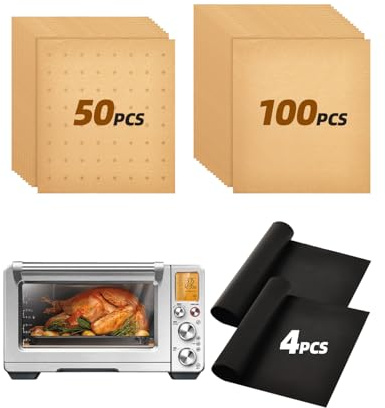 154PCs Paper Liners Compatible with Breville BOV900BSS Smart Convection Oven Air Fryer Pro Accessories, 100PCs Unbleached Parchment Paper, 50PCs Disposale Liners with Holes, 4PCs Reusable Baking Mats