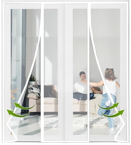 Magnetic Fly Screen Curtain for Double Doors 180x250cm White Easy Install Bug Blocker with Full Frame Magic Tape for Sliding Doors Keep cts Out