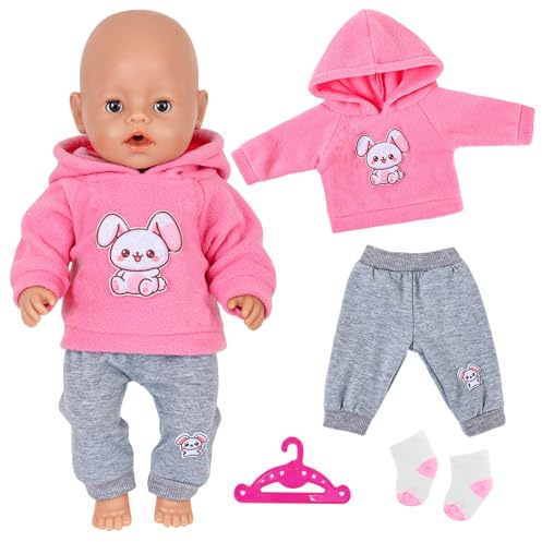 18 Inch Puppenkleidung 43cm Rosa Hase 12-18 Zoll Baby Puppen Enthält 1 Kapuzen-Sweatshirt 1 Graue Hose 1 Socken 1 Kleiderbügel für 30-45cm Puppen Zubehör Kinder Geschenk