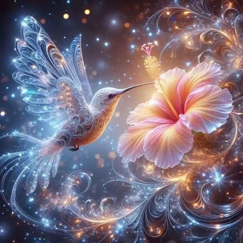 5D Diamond Painting Bilder Kolibri mit Blumen, DIY Diamant Painting Set mit runden Steinen, Diamantmalerei Kunsthandwerk Basteln Erwachsene, Diamond Art Bild für Wanddekoration Zuhause 30x30 cm