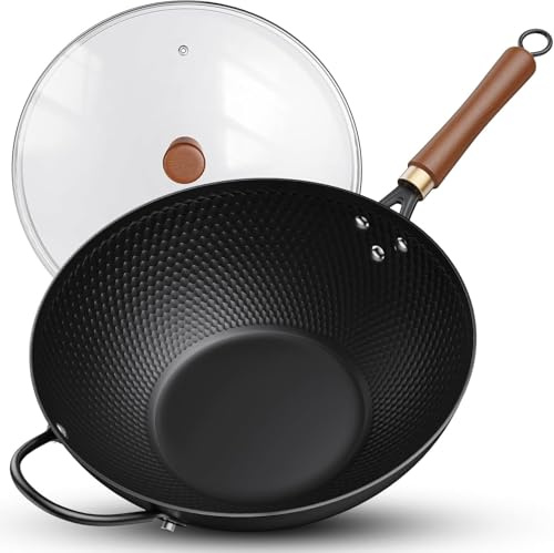 Jobin 33cm Wok de Inducción con Tapa, Sin Recubrimiento Químico, Pre-sazonado Wok de Acero al Carbono, con Mango Auxiliar de Madera y Acero, Compatible con Inducción