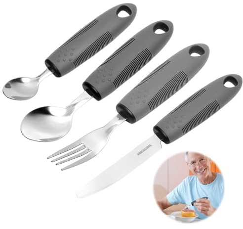 Set 4 piezas cubiertos anti temblor – cuchara, tenedor, cuchillo ergonómicos para ancianos, parkinson y discapacitados – cubiertos adaptados en acero inoxidable, antideslizante, ayuda para comer
