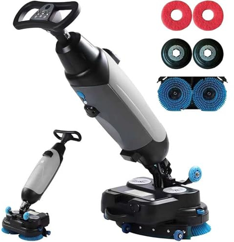 HEIHEIZI 17 Commercial Floor Scrubber Machine with Double Brush Disc Battery-Powered Multi-Functional Floor Buffer Machine 360°Rotation,13000 sqft,360RPM Motor,1-Gal Clean Tank Gray