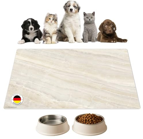 Napfunterlage | Futtermatte für Hunde und Katzen „Marmorplatte mit schöner Beiger Maserung“ aus Premium Vinyl - 60x40 cm – rutschhemmend, abwaschbar, reißfest - Made in Germany
