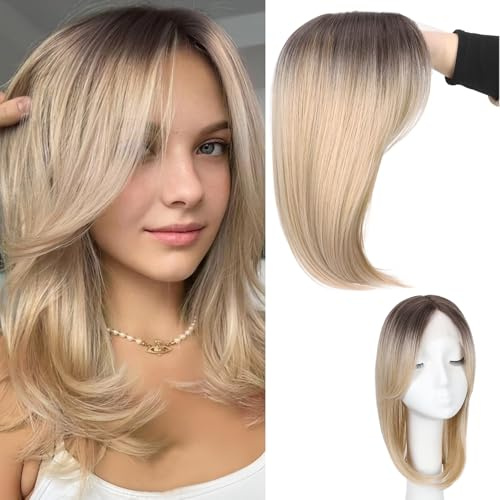 WIGNEE Hårtopper för kvinnor ombre blond 35 cm (14 tum) clip-in hårdel, spets front handknuten syntetiskt hår topper med lugg för tunnare grått hår.