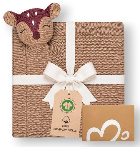 Babydecke Baumwolle GOTS – 2-in-1 Strickdecke Baby 80x100 cm mit Schmuse-Reh, Kuscheldecke für Kinderwagen, Bettchen & Neugeborene, Geschenk zur Geburt & Baby Erstausstattung in Geschenkbox