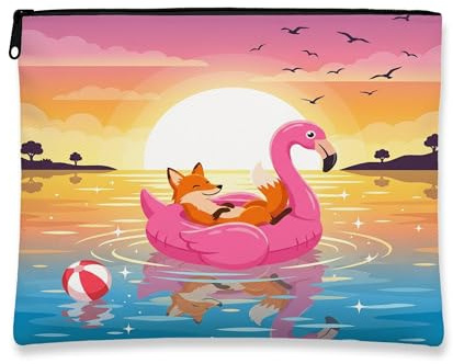 Funny Foxes Makeup Bag, Flamingos Lifebuoys Sea Cosmetic Travel Pouch for Women, Portable Small Canvas Zipper Organizer, Animal Toiletry Bag 7x9 Inch