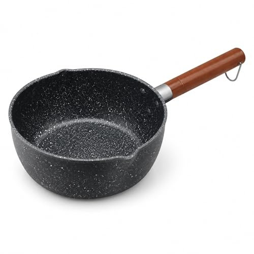 14cm Non-Stick Milk Pan,Mall Saucepan Cast Iron with Wooden Handle, Non Stick Pan for Sauces & Eggs, Small Pot Cast Iron for Induction Hob, Saucepan for 1-2 Servings,Healthy & Easy Clean