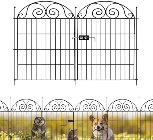 10 Stück Gartenzaun Metall ohne Eingraben, 80 cm Hoch & 7.3 m Breit, Schmiedeeiserner dekorativer Zaun mit Spitzen, Wetterschutz Sichtschutz für Rasen, Blumenbeet & Grundstücksgrenze