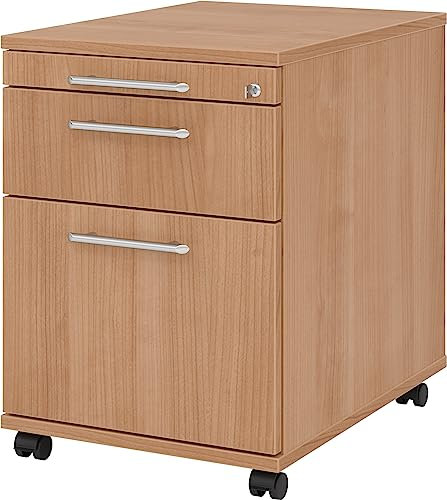 bümö Rollcontainer mit Hängeregistratur, Container abschließbar aus Holz in Nussbaum - Rollwagen für's Büro mit Hängeregister als Schreibtisch Unterschrank od. Bürocontainer m. Relinggriffe