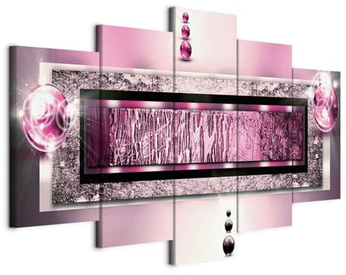 B&D XXL - Wandbilder XXL Abstrakt 100x50cm 5 tlg - Wand Deko Leinwand Bilder Groß Wanddeko Wohnzimmer Schlafzimmer Kunstdrucke - Textur Perlen Struktur silber rosa 020101-215
