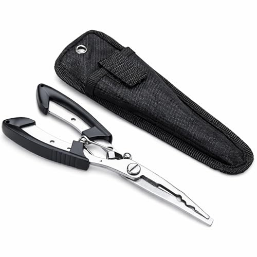 Fishing Pliers Multi Tool Stainless Steel Saltwater Fishing Pliers with Braid Cutter Hook Remover Split Ring Tool Corrosion Resistant Lightweight Ergonomic Grip with Protective Sheath