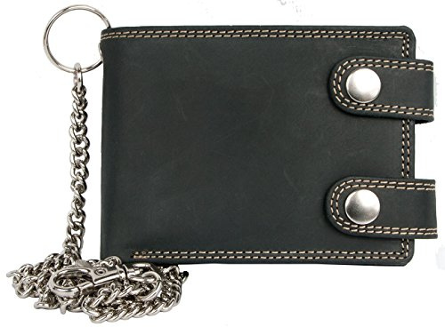 Portafoglio tasca grigio scuro biker in vera pelle naturale con catena in metallo
