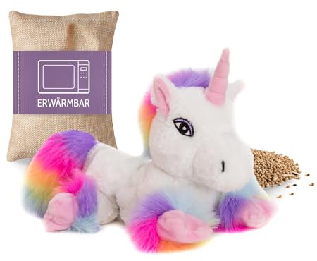 Habibi Premium Wärmekissen/Stofftier f. Kinder u. Erwachsene - 1943 Einhorn White Rainbow, herausnehmbare Hirsefüllung - Wärmekuscheltier zum Erwärmen in der Mikrowelle/Backofen, ideal auch für Babys