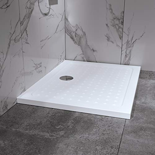 i-flair Duschwanne 90x120 cm, flache Duschtasse aus langlebigem Sanitäracryl mit Anti-Rutsch-Noppen inkl. Ablaufgarnitur mit Geruchsverschluss (Siphon) - Weiß