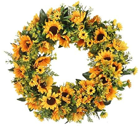 JYCRA Sonnenblumenkranz, künstliche Sonnenblumen, Grünkranz, Sommer, Herbst, Feiern, handgefertigter Türkranz für Zuhause, Garten, Hochzeit, Party, Dekoration (Durchmesser 40 cm)