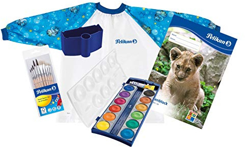 Pelikan-Malset blau: Farbkasten K12+Pinsel+Wasserbox+Malkittel+Zeichenblock A4