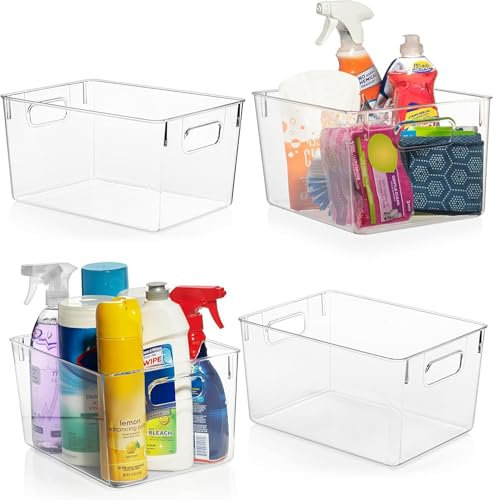 CLEARSPACE Plastic Storage Bins – Perfect Kitchen Organisation or Pantry Storage – Fridge Organiser, Pantry Organisation and Storage Bins, Cabinet Organisers - 4 Pack