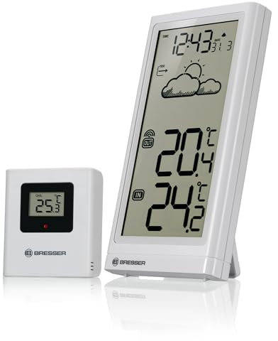 Bresser Wetterstation Funk mit Außensensor Meteo Temp, Thermometer mit Temperaturanzeige für Innen- und Außen, Wettervorhersage, mit ausklappbarem Standfuß und Wandhalterung, weiß