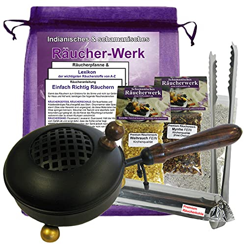 RÄUCHERPFANNE & WEIHRAUCHBRENNER 26cm mit Griff 10-TLG Set zum AUSRÄUCHERN + WEIHRAUCH + MYRRHE Räucherwerk, Räuchergefäß, Räucherschale & Räucherstövchen in EINEM mit ZUBEHÖR. 3164G-ZWM