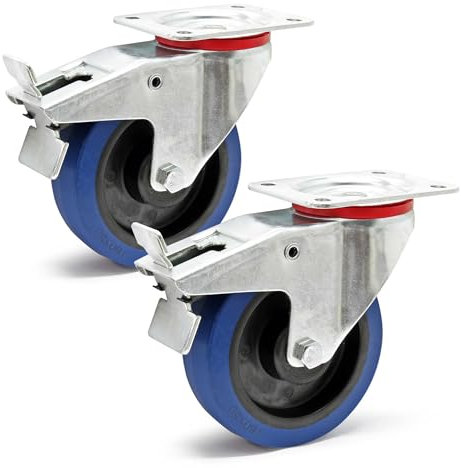Set of 2 Castors 2x Transport Rollers 160mm w/Plastic Wheel, Brake, Mounting Plate, max 300kg/Roller