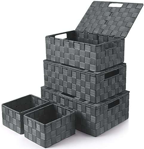 Aufbewahrungskorb mit Deckel: 5 Set, 34 x 24 x 13.5 cm, Stapelbar, Grau | Vielseitige Aufbewahrungsbox für Badezimmer, Schlafzimmer, Handtücher und Kosmetik, Ideal Zum Ordentlichen Verstauen