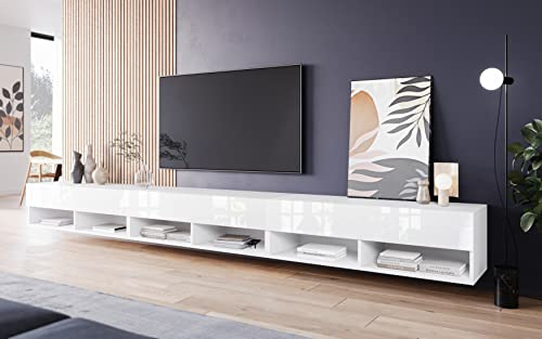 PIASKI Mueble de TV 300 cm LOWBOARD A, sin iluminación LED, Mueble de televisor Grande, Mueble de televisión, Distintos Colores (Blanco Brillo)