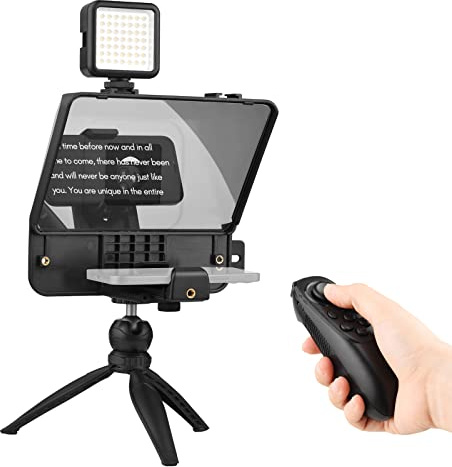 Andoer Portable Phone SLR Camera Teleprompter Prompter Kit with Stand LED Light Desktop Tripod Remote Control for Vlog Video Recording Live Interview Stage Presentation Conference