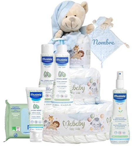 Mababyshop Tarta Pañales Personalizada Mis Primeros Cuidados con Doudou Osito Bordado con Nombre, 42 Pañales Pingo Talla 2, Set de Aseo Bebé, Regalo Baby Shower (Azul)