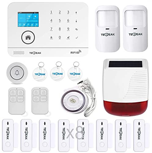 TECPEAK GSM/WiFi Alarmanlagen Komplettsystem, Alarmanlage Haus mit Alarmsirene, Haussicherheits Set inkl. Fensteralarm/Türalarm, Bewegungsmelder, Fernbedienung,Tag,SOS,Solar Außensirene