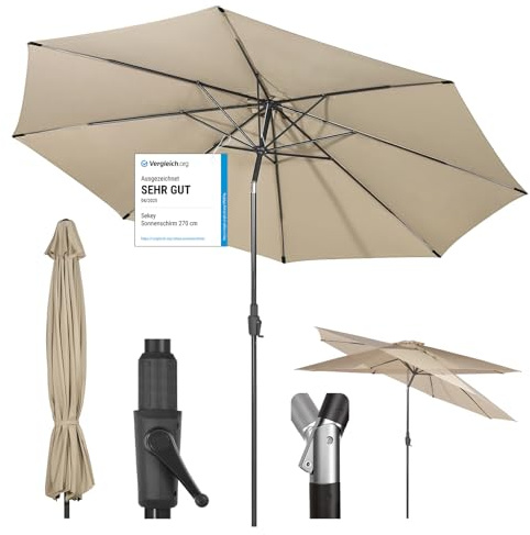 Sekey 350cm Sonnenschirm mit Kurbel und Auto Kippen,Marktschirm für Terrasse,Balkon & Garten,Windfest Stabil UPF 50+,Taupe,Rund