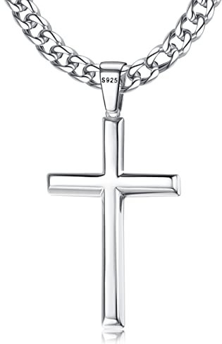 Roheafer 925 Sterling Silver Cross Pendant Necklace for Men Women with 5mm Stainless Steel Diamond-Cut Figaro Chain/Cuban Chain Cross Necklace 18K White Gold Plated Crucifix Necklace 18-30 Inches