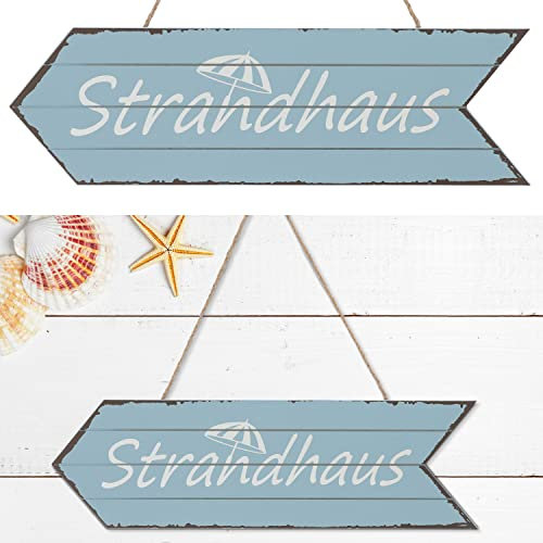 Türschild Strandhaus Richtungspfeil | 12x40x1cm Holz türkis maritim | Hinweisschild Türhänger Holzschild