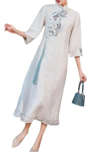 CHONG FENG XIA Cheongsam Vestito Tang Vestito Cinese Vento Femminile Hanfu Primavera e Autunno Nazionale Marea Servizio di tè cinese, bianco, M