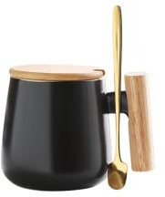 Tasse à café en céramique de 355 ml avec couvercle en bois et cuillère dorée – Tasse à thé au lait pour le bureau et la maison – Idée cadeau amusante pour anniversaire, amoureux, Noël – Noir