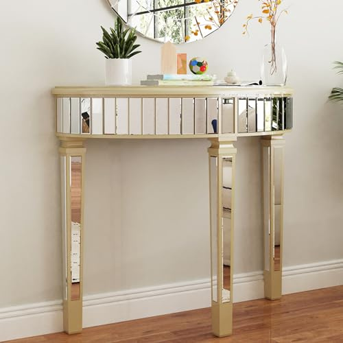 Artloge Half Moon Console Table Mirrored : Silver Hallway Table 90 x 35 x 80.5cm Aesthetic Elegant Glass Console Tables with Sturdy Square Column Leg, Entryway Table Console & Sofa Tables Furniture