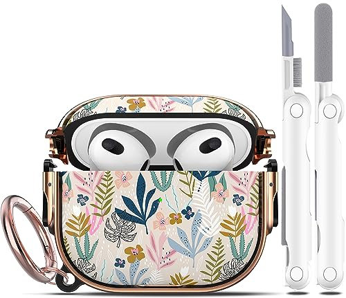 R-fun Kompatibel mit AirPods 3 Hülle mit Sicherheitsschloss und Reinigungsset, Blumendruck für AirPods 3. Generation Hülle mit Schlüsselanhänger,Blatt