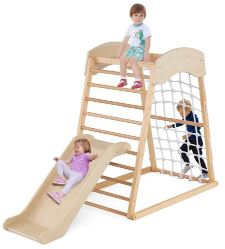 GOPLUS 6 in 1 Kinder Klettergerüst, Kletterspielset mit Kletterleiter & Rutsche & Kletternetz & Kletterstangen, Vielseitiger Spielturm, Indoor & Outdoor Kletterturm für Kinder ab 1 Jahr (Natur)