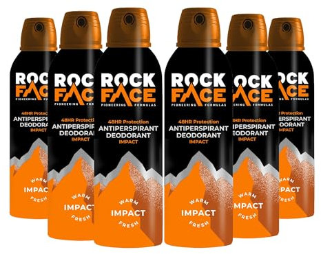 Rock Face Antiperspirant Deodorant for Men - Impact Ginger & Amber Scent, 200ml Spray, 48 Hour Protection, Non-Staining, Multipack of 6