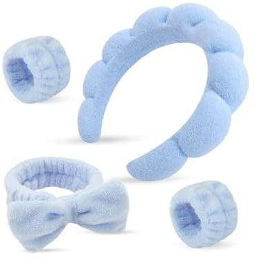 Haarband Kosmetik,Stirnband Handgelenk Waschband Set,Spa Stirnband,Abschmink Haarband,Hautpflege Stirnbänder Terry Stoffblasen Haarband Für GesichtswaschenEntfernung Yoga Sport Dusche(Blau)